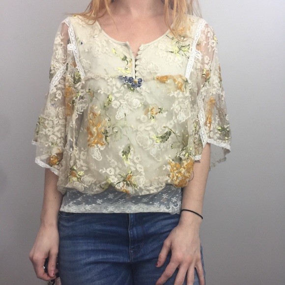 Free People Tops - Free People Yellow Pale Floral Lace Sheer Top